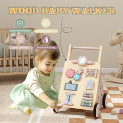 Tltaroni wooden walker in pink color complements playtime.