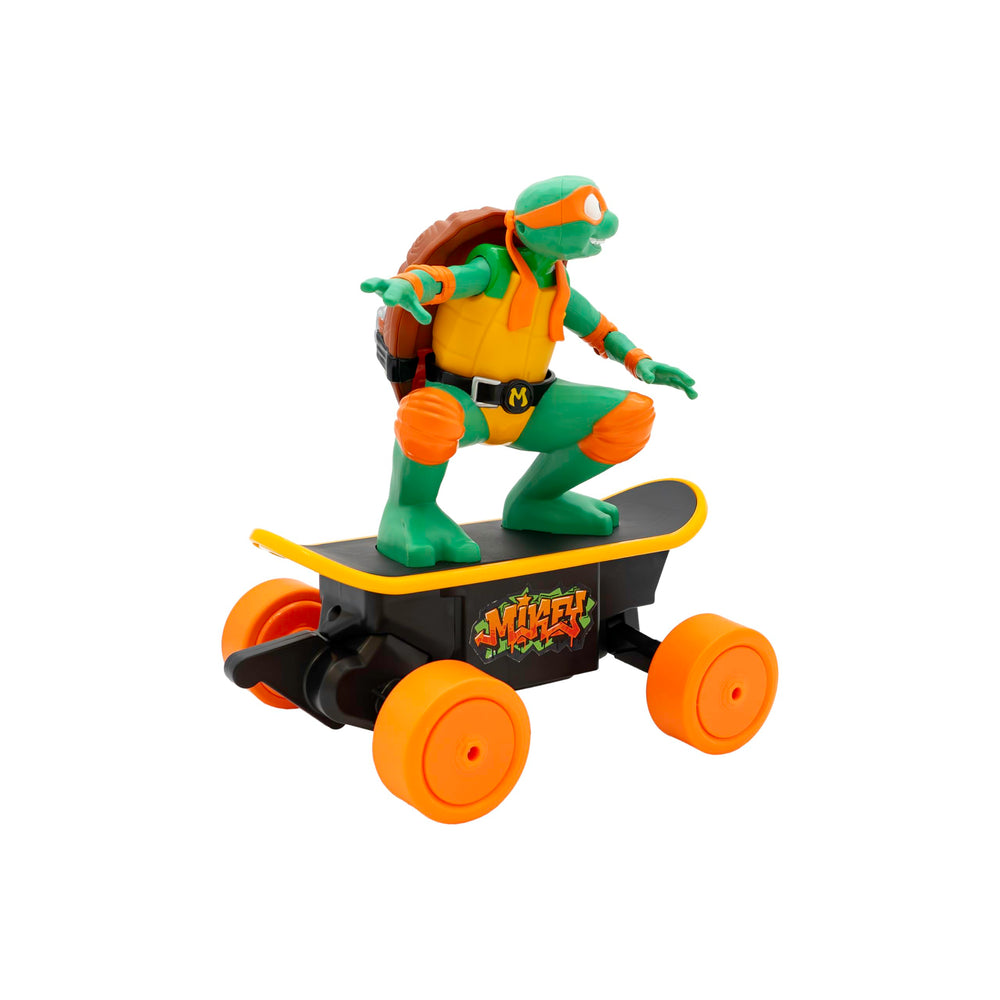 TMNT Mikey RC car in motion captures dynamic skating action indoors and outdoors