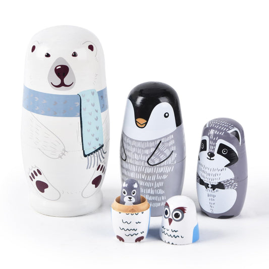 Tngan Nesting Dolls Polar Bear: five-piece wooden set for festive decor and imaginative play.
