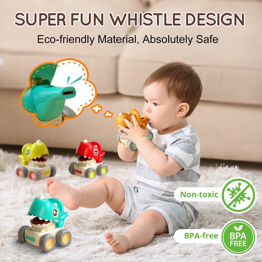 TnLoji press-and-go dino toy demonstrates battery-free action for indoor play.