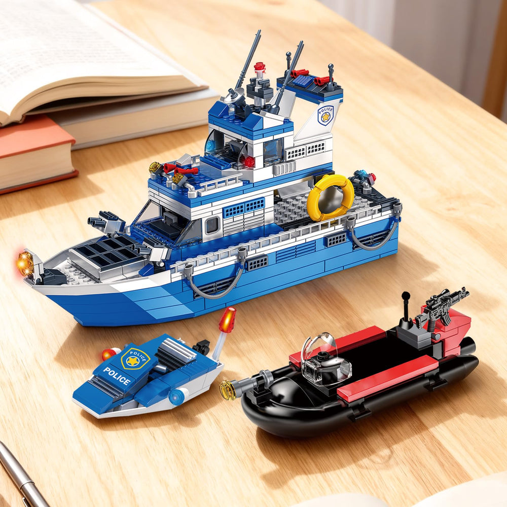 Tobocoy Police Boat Building Set gift-ready packaging for kids' birthdays.