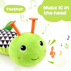 Green plush caterpillar crinkle texture supports tactile exploration