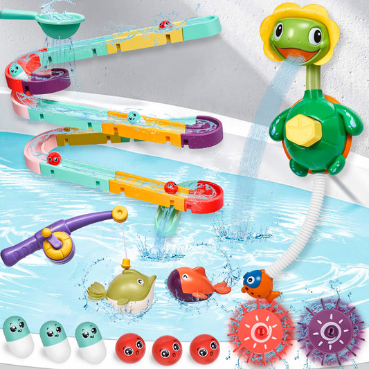 TOHIBEE bath toys showing suction cups securing to tub wall for mess-free play