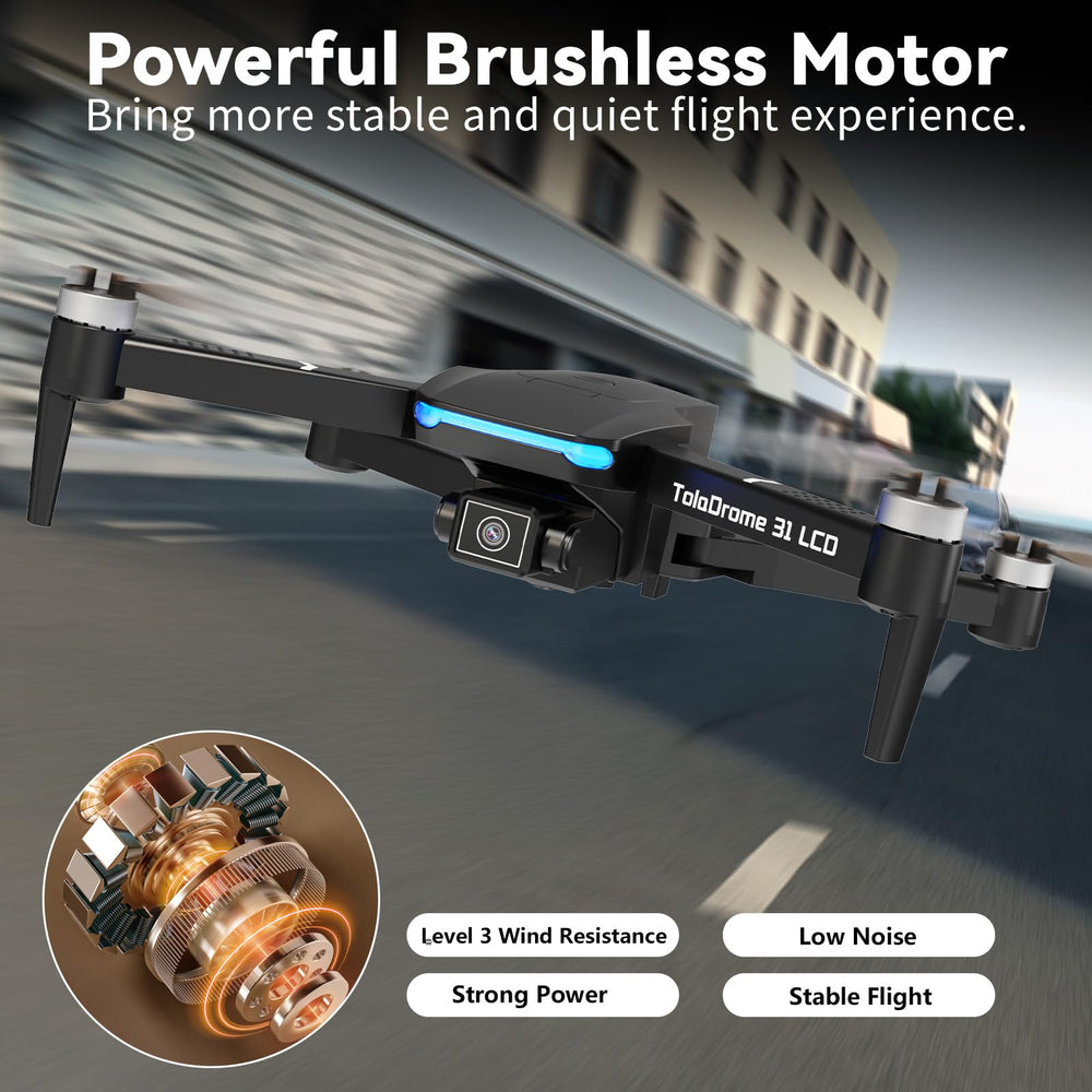 Toladrone TD31LCD brushless motors close-up show quiet propulsion.
