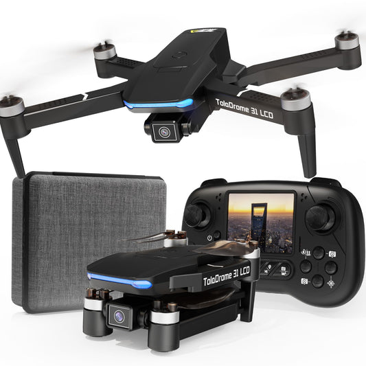Toladrone TD31LCD with LCD remote screen enables real-time transmission for easy beginner flights.