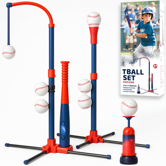 TOMLEON 3-in-1 baseball set stand helps kids practice a steady swing.