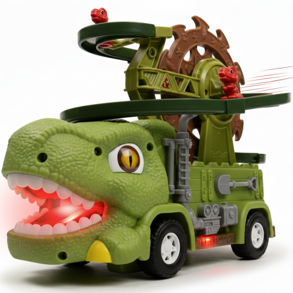 TOMLEON Dinosaur Truck glow mode highlights vibrant lights for night play.