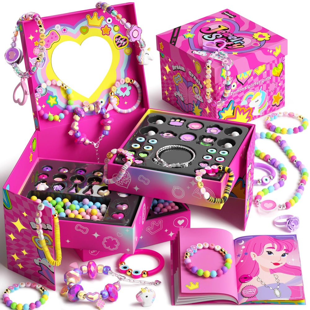 Tomons bracelet making kit gift box opening shows colorful beads for creative play.