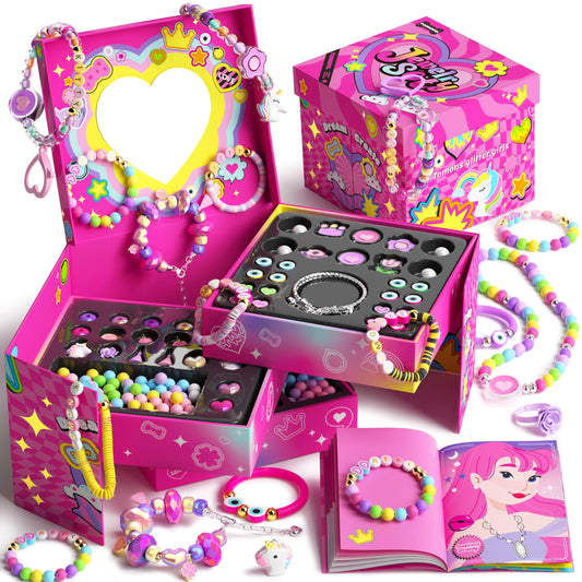 Tomons bracelet making kit gift box opening shows colorful beads for creative play.