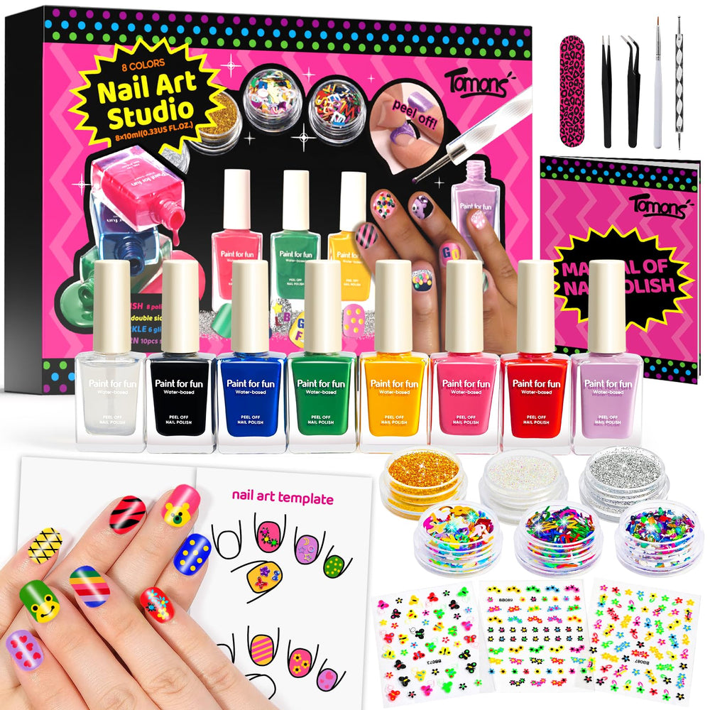 Tomons nail polish set with eight colors perfect for kids' nail art.