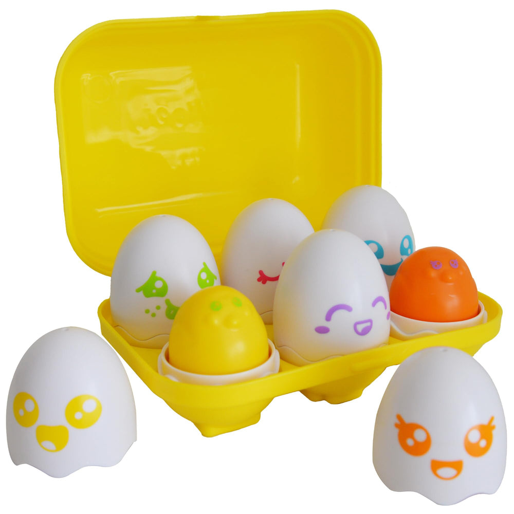 TOMY Toomies Hide & Squeak Eggs pack shows six colorful eggs for sorting