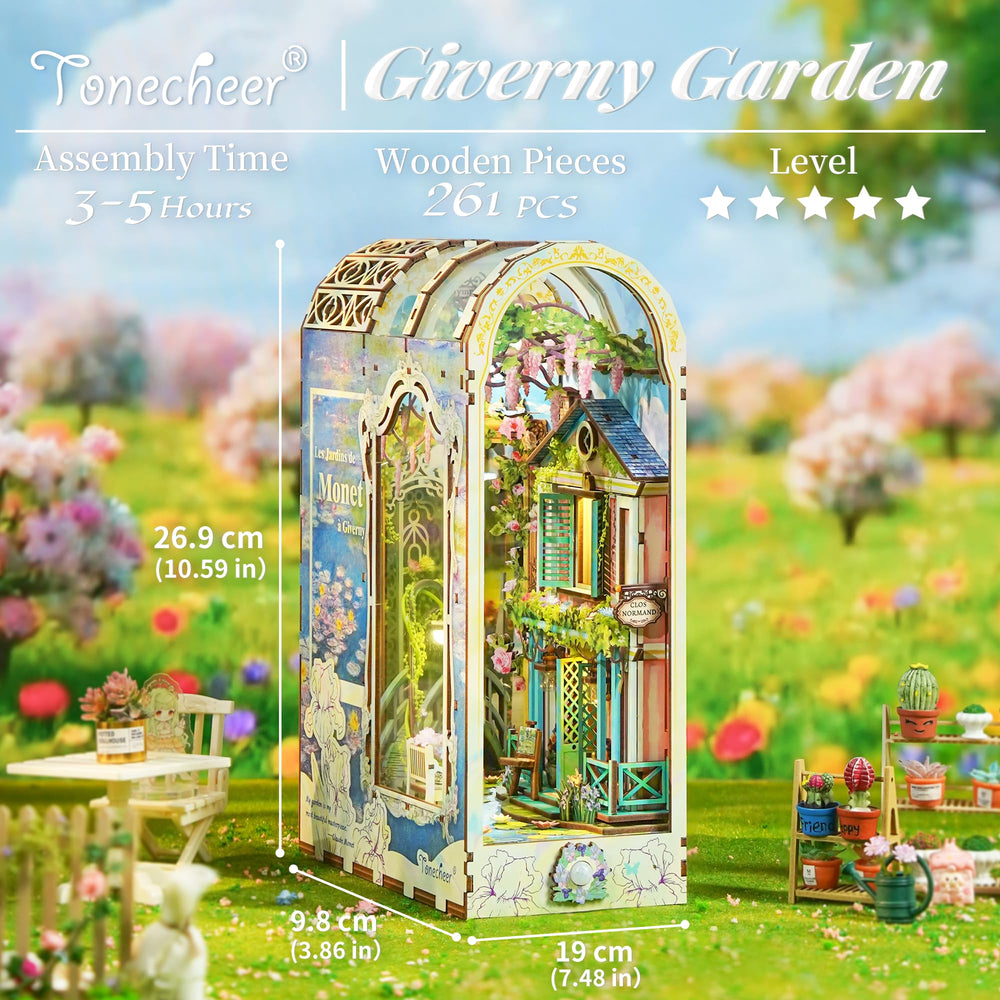 Tonecheer book nook Lilies pond scene enhances ambient bookshelf decor.