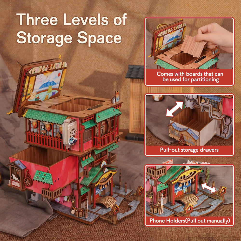 Tonecheer lanterns glow around the hut in the Onsen Saga miniature scene