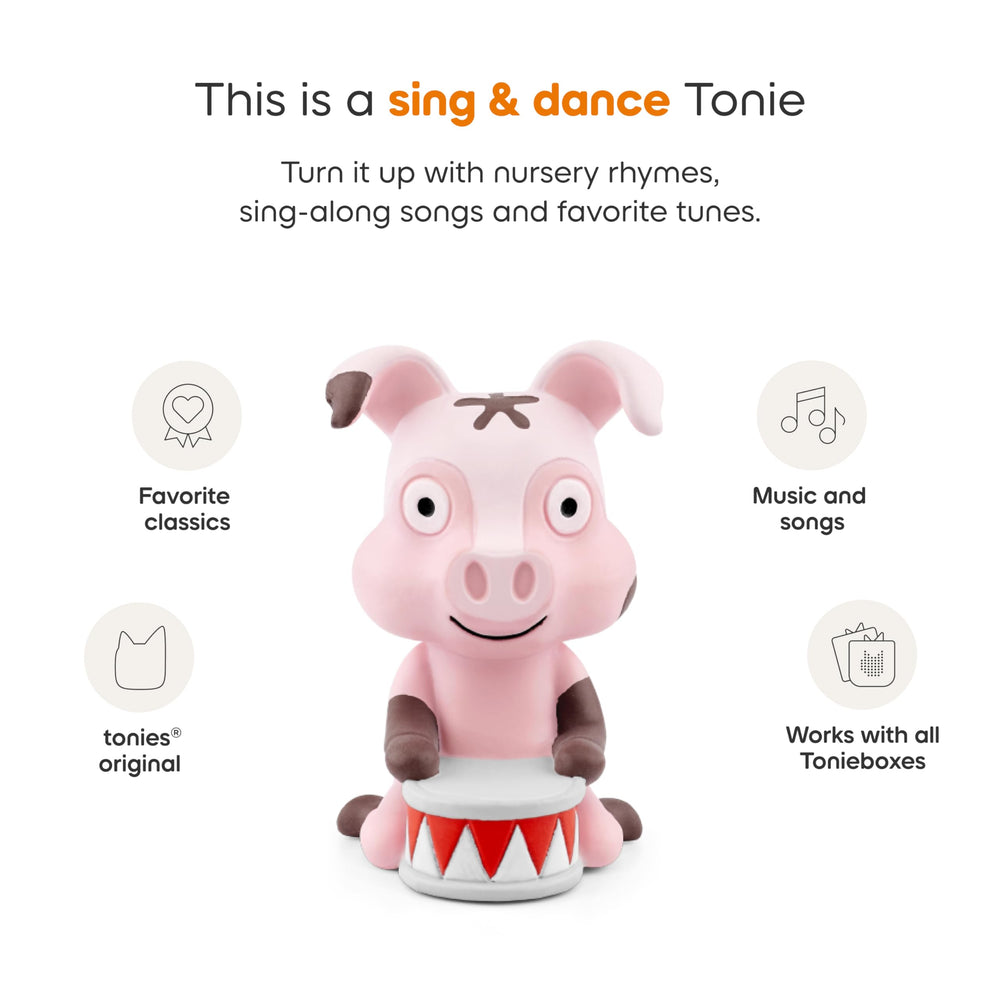 Tonies Animal Songs character pictured beside animals for sound-based discovery.