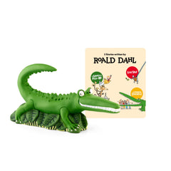 Tonies Enormous Crocodile figurine shown with story box for imaginative storytelling and screen-free play.