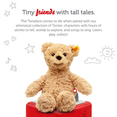 Tonies Jimmy Bear plush displaying nine stories for cozy, screen-free storytelling sessions.