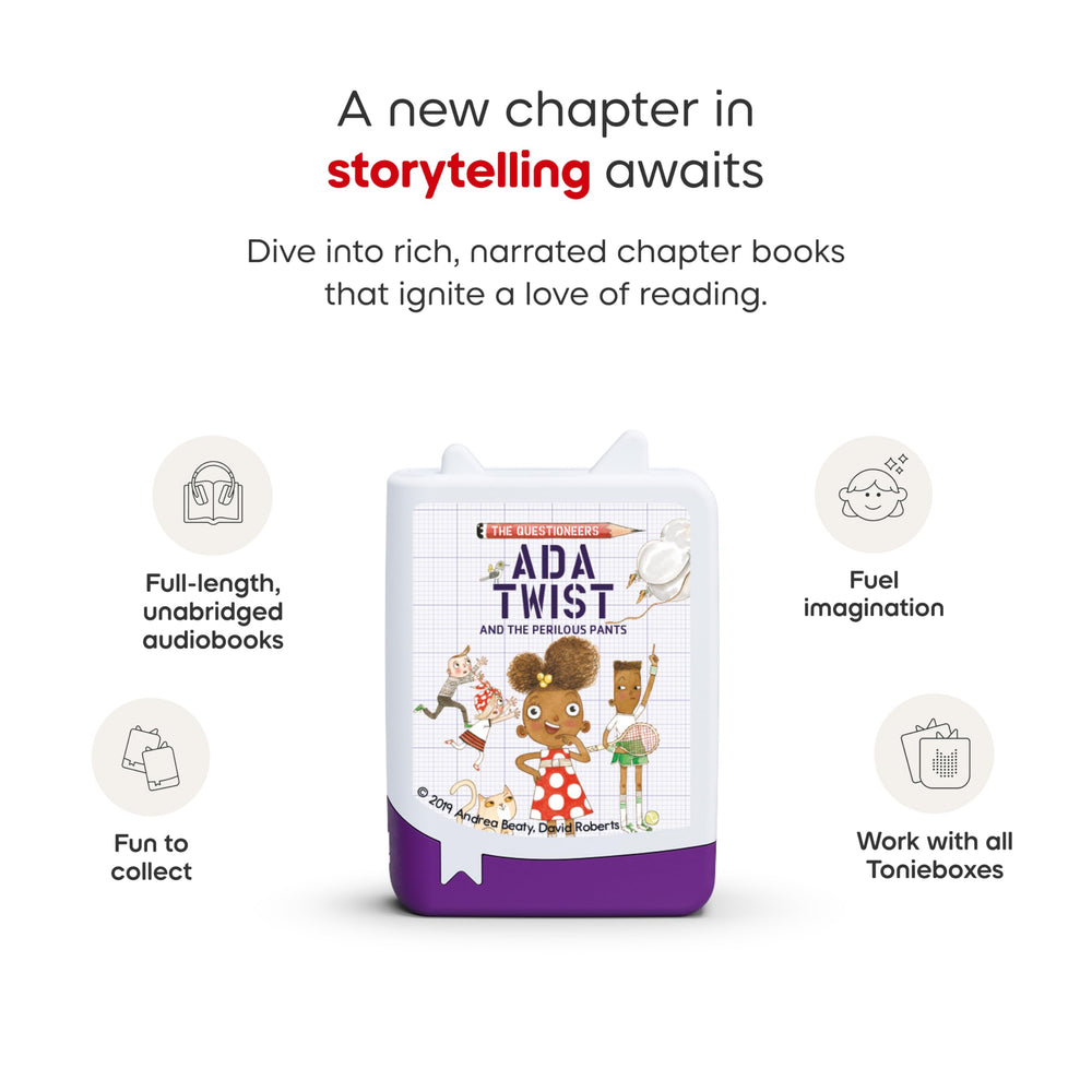 Tonies Ada Twist cover art showcasing curiosity-driven adventures and problem-solving themes.