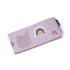 Tonies rainbow sleeve closeup shows faux leather texture and secure fit.