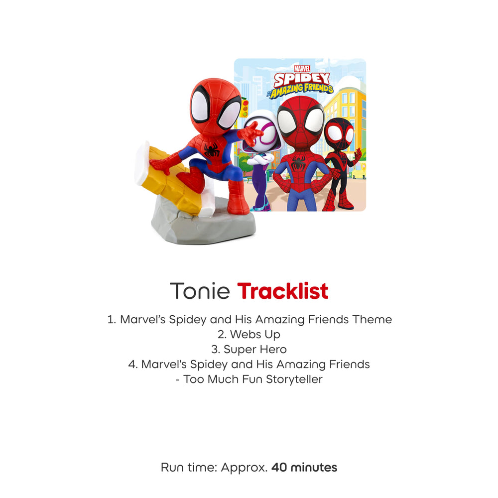 Tonies Spidey tracklist featuring songs and a story for a 40-minute session