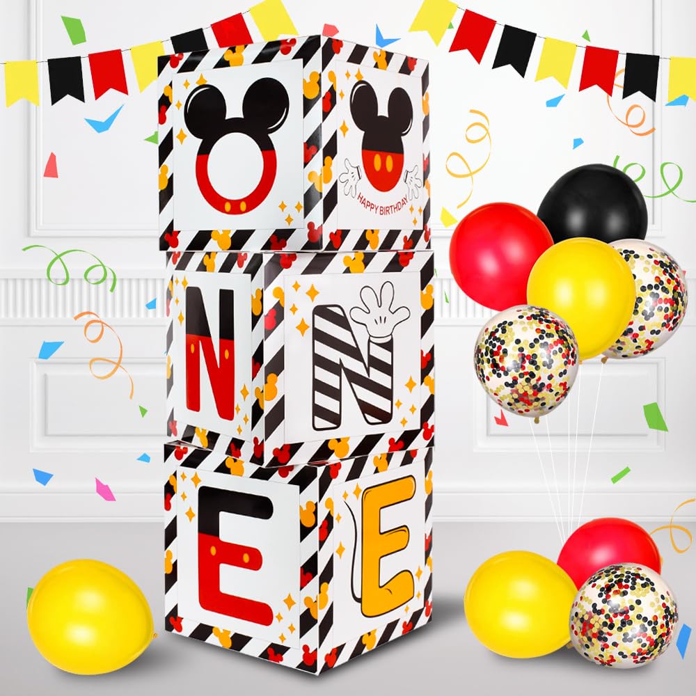 TONIFUL mouse 1st birthday balloon box in red, yellow and black for a playful centerpiece.