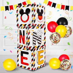 TONIFUL mouse 1st birthday balloon box in red, yellow and black for a playful centerpiece.