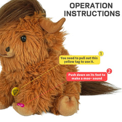 Tonpect Highland Cow plush used as cozy home decor on a shelf or bed.