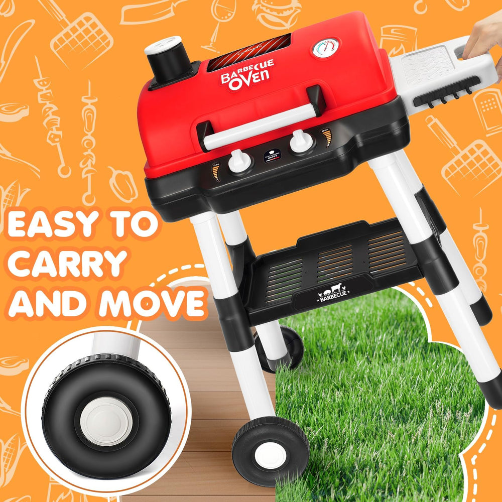 TooyBing outdoor grill on wheels makes it easy to move across grass for outdoor play.