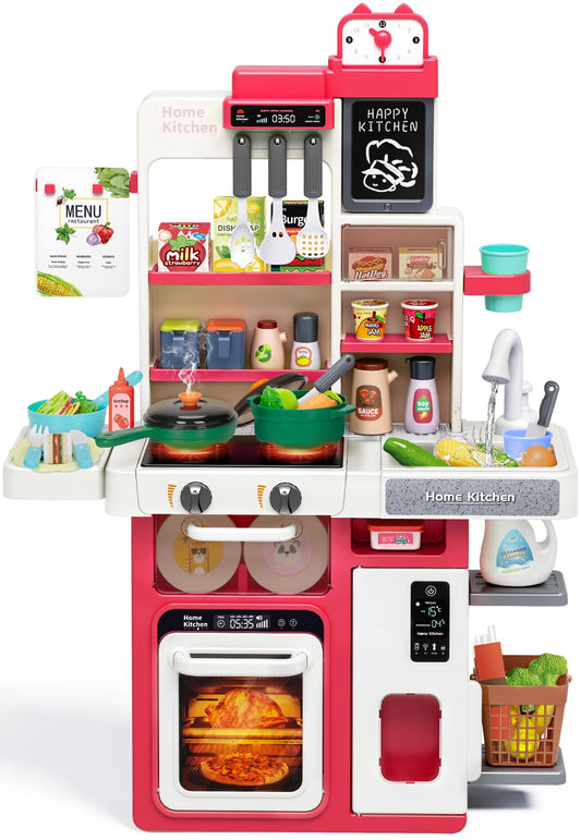 TooyBing Red Kids Play Kitchen Stove with lights and sounds for immersive pretend cooking.