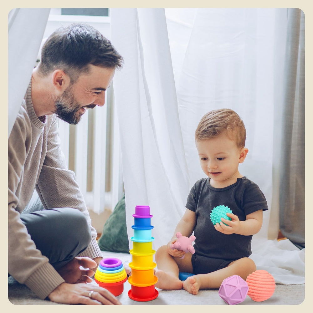 Tooysea soft stacking cups foster open-ended stacking and creative play.