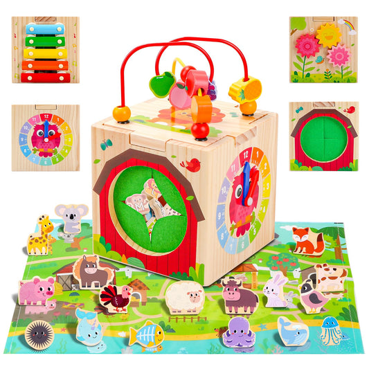 Tooysea wooden activity cube with map farm game for toddlers supports early learning.