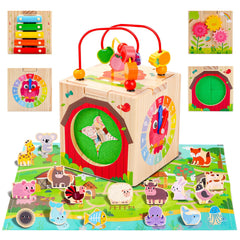 Tooysea wooden activity cube with map farm game for toddlers supports early learning.