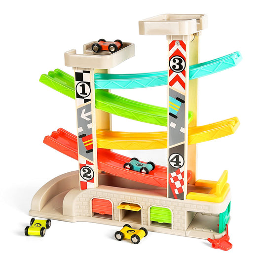 Top Bright car ramp toys at rooftop parking lot for imaginative play