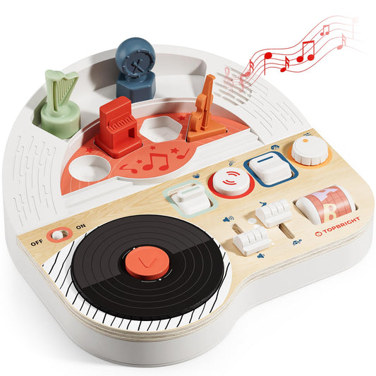 Top Bright DJ Busy Board main view showing wooden sensory toy for early motor skills