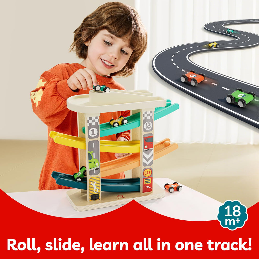 Top Bright four wooden cars on track boost color and number recognition.
