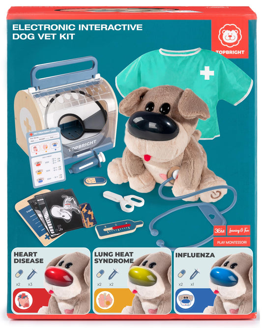 TOP BRIGHT Interactive Dog Vet Set nose light signals during pretend checkups for kids.