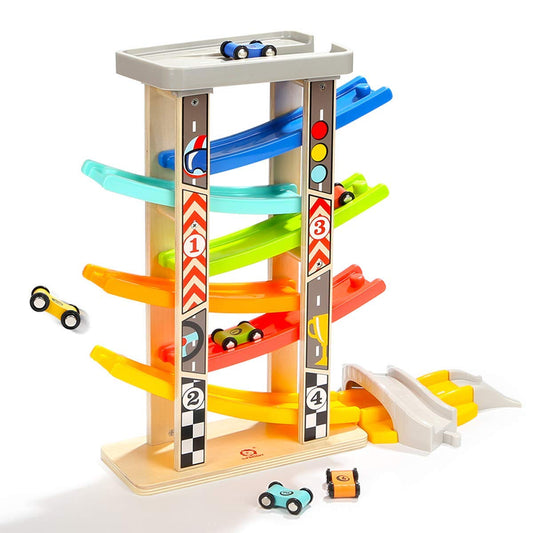 Top Bright wooden race track with ramps enhances hand-eye coordination.