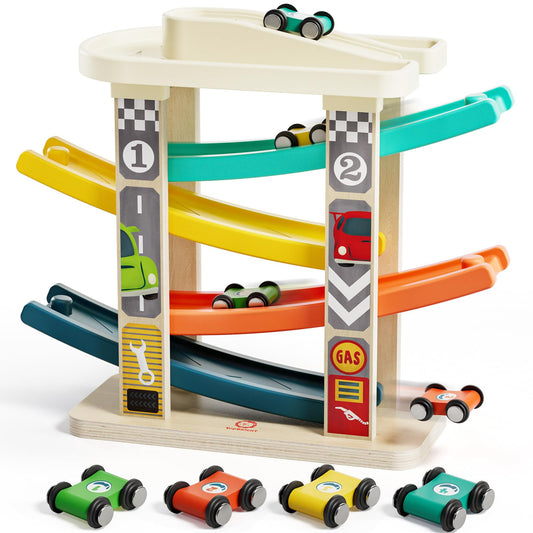 Top Bright wooden race track, top-down view, boosts toddler coordination.