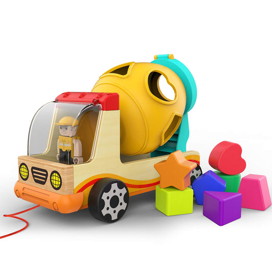 Top Bright wooden shape sorter truck promotes shape and color recognition.