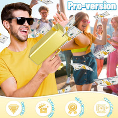 Topchild Gold Money Gun in hand ready to spark playful rain at celebrations.