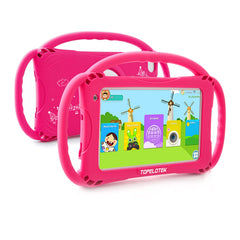 TOPELOTEK 7-inch kids tablet front view shows kid-friendly learning design.