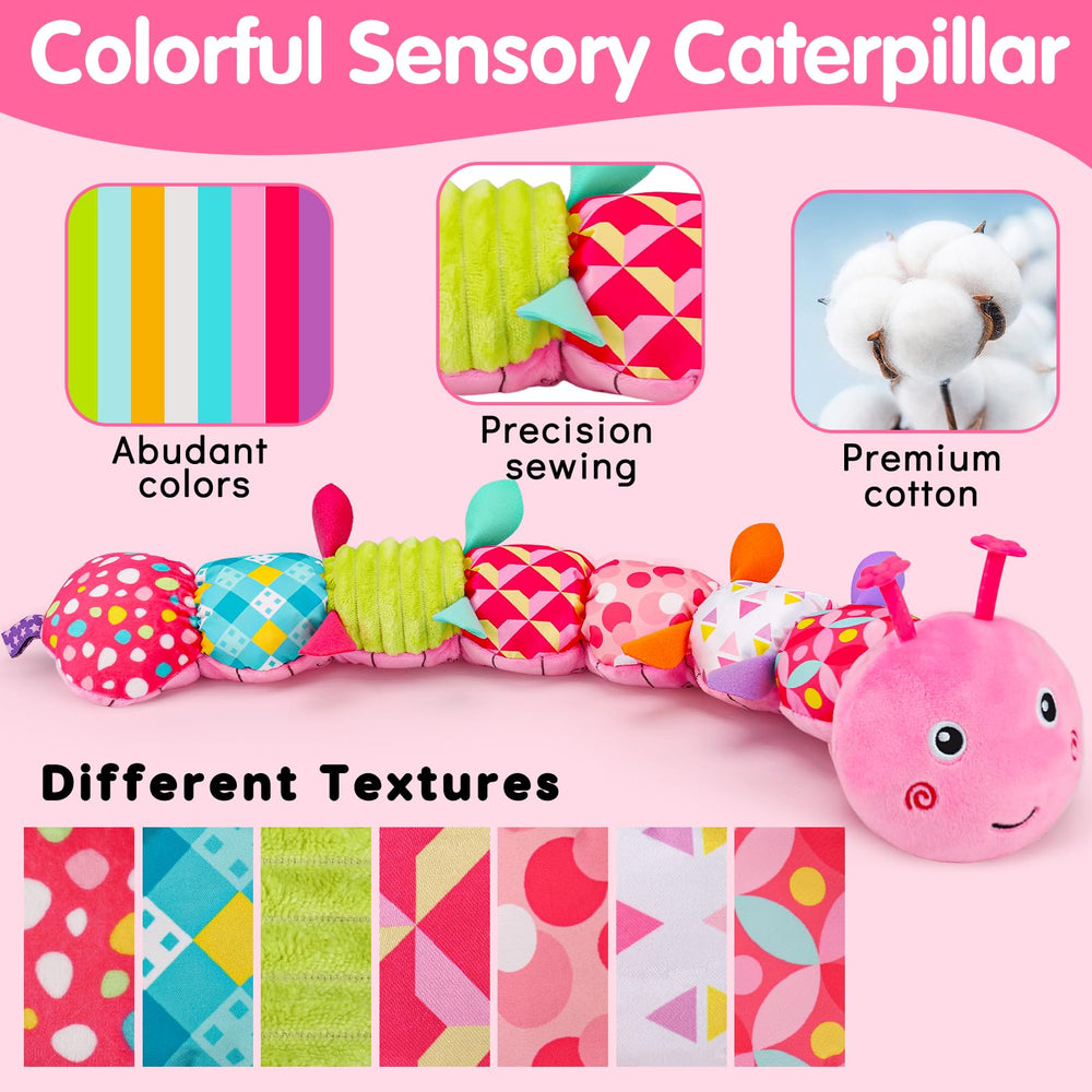 Topsochir caterpillar rattle present invites baby to grasp and shake for coordination.