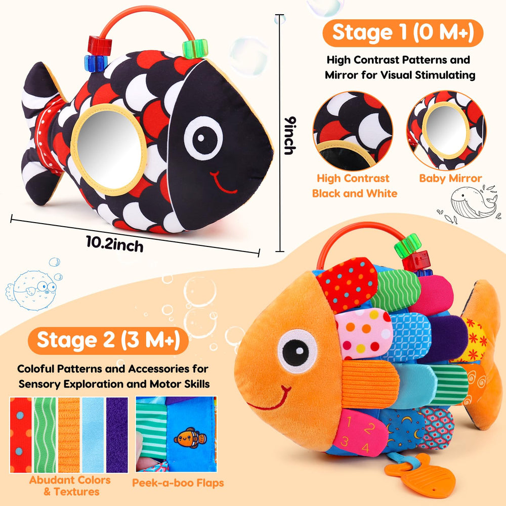 Topsochir fish toy crinkle textures engage senses during tummy time and play.
