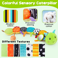 Topsochir tummy time caterpillar with high-contrast textures strengthens neck and limbs.