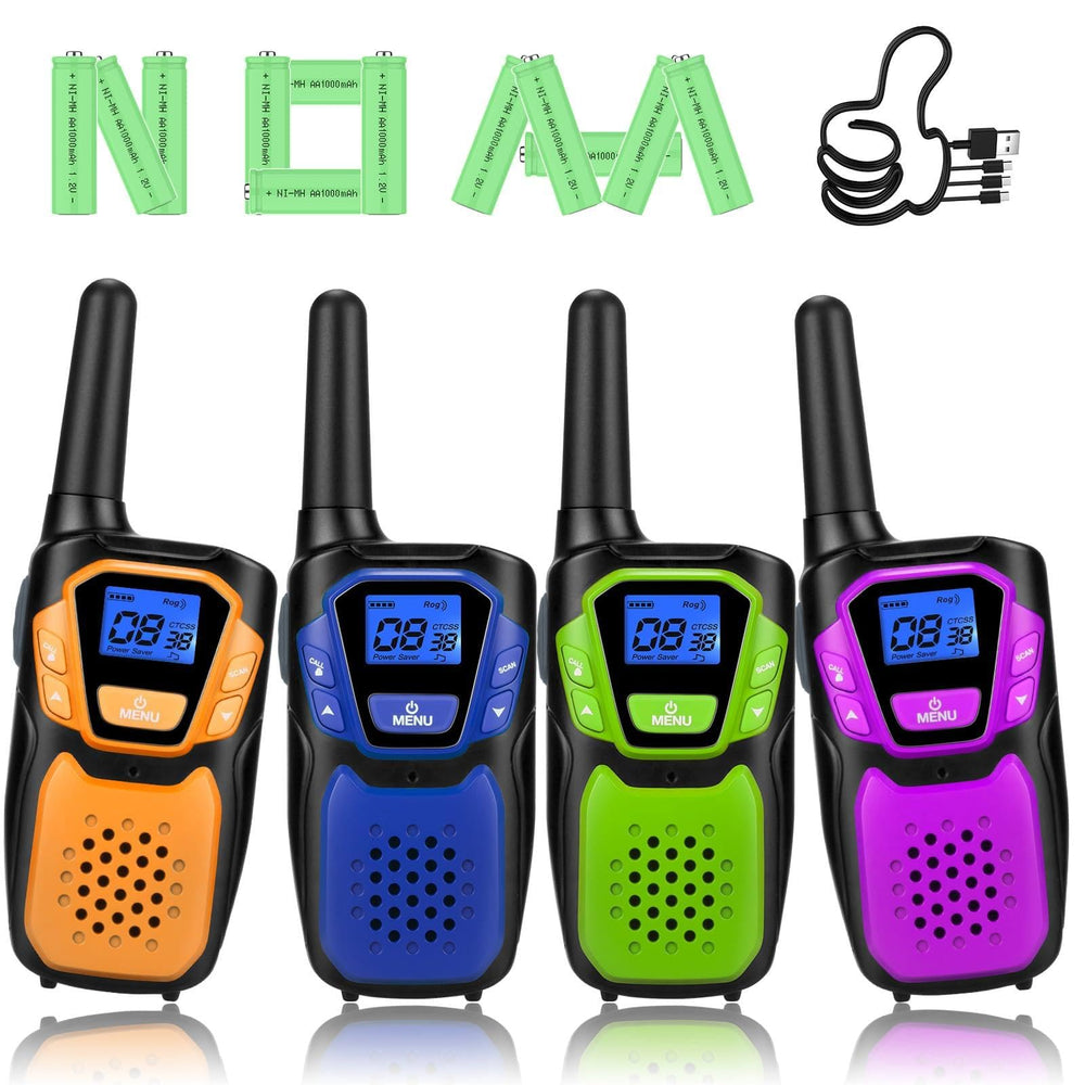 Topsung Walkie Talkies 4 Pack with rechargeable batteries for long outdoor play.