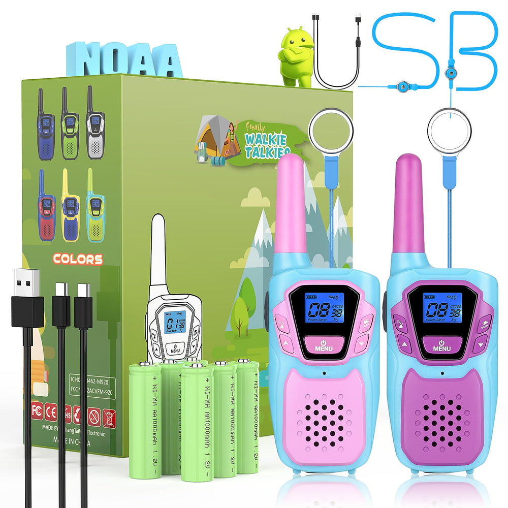 Topsung walkie talkies for kids in pink, front view, promoting easy outdoor play and family communication.
