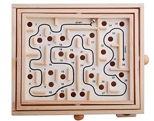 Topwon Wood Labyrinth Table Maze close-up pegs highlight smooth safe finish for play.