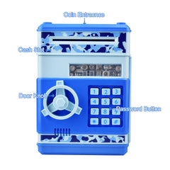Totola piggy bank mini ATM camo blue battery compartment, easy setup for parents and kids.