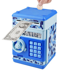 Totola piggy bank mini ATM camo blue front view, ideal to teach kids saving habits.