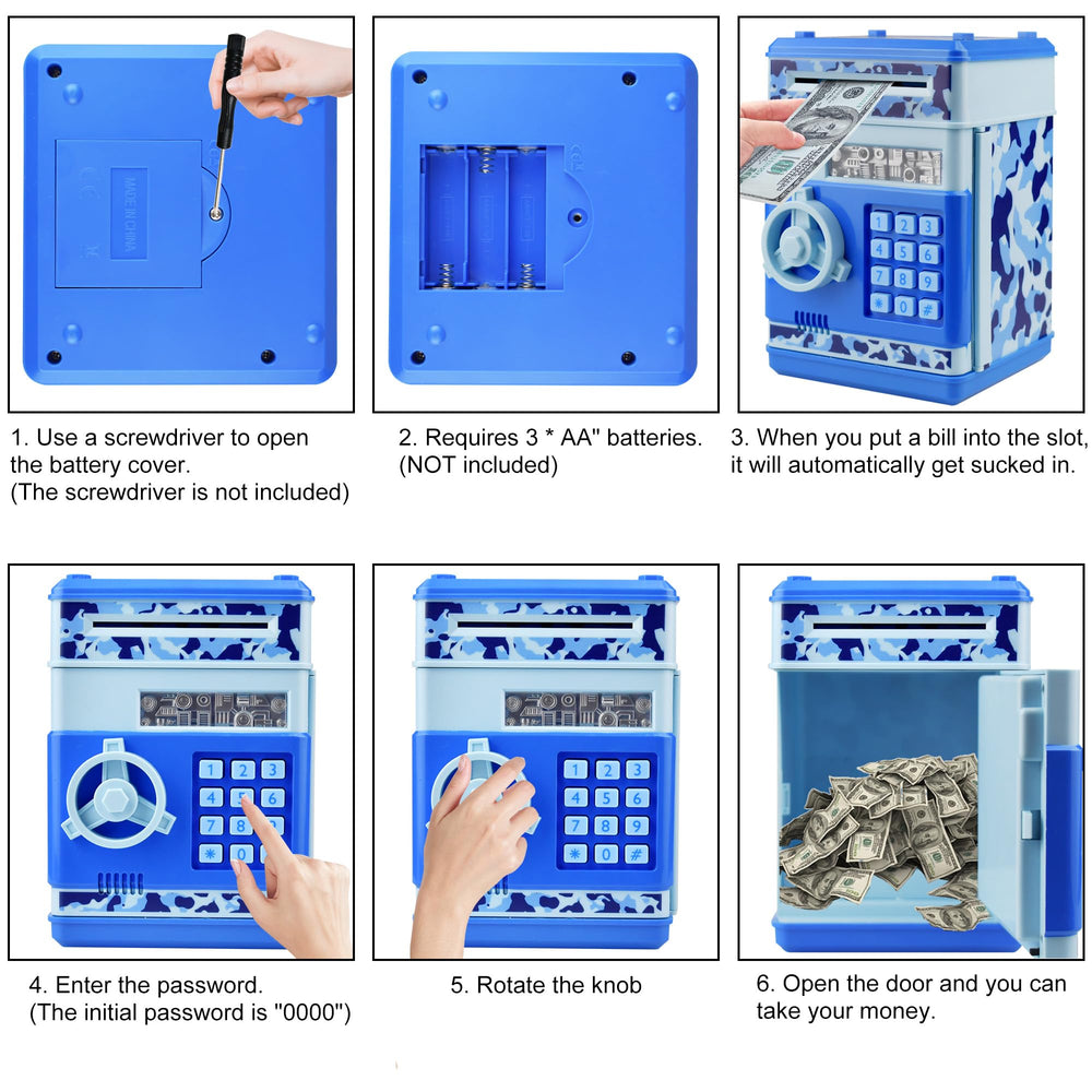 Totola piggy bank mini ATM camo blue safe material and durable design.