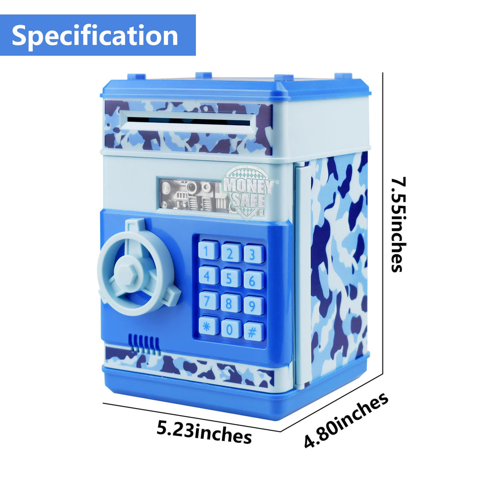 Totola piggy bank mini ATM camo blue lock panel, four password protections for safe savings.